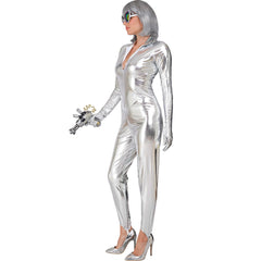 Déguisement Combinaison Disco Argent Femme Luxe / Costume Combinaison Futuriste Moulante Métallisée Argent / La Maison du Déguisement
