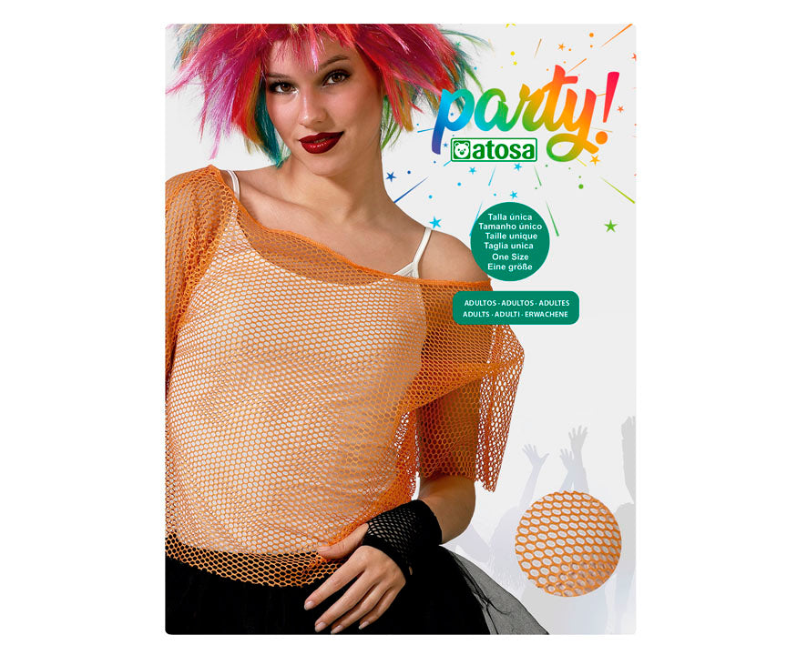 T-shirt Filet fluo Orange / Top filet fluo Années 80 Orange / Chemise Filet 80s fluo Orange / La Maison Du Déguisement