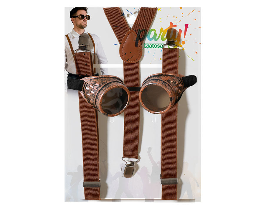 Set Steampunk Marron / Kit Lunettes et Bretelles Steampunk / La Maison Du Déguisement