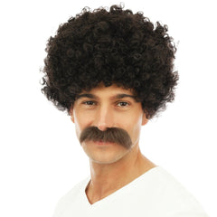 Perruque Courte Frisée Avec Moustache Marron / Perruque Lucien Marron / La Maison du Déguisement