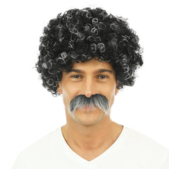 Perruque Courte Frisée Avec Moustache Gris / Perruque Lucien Gris / La Maison du Déguisement