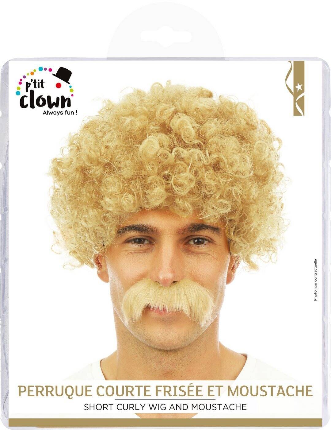 Perruque Courte Frisée Avec Moustache Blond / Perruque Lucien Blond / La Maison du Déguisement