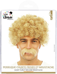 Perruque Courte Frisée Avec Moustache Blond / Perruque Lucien Blond / La Maison du Déguisement