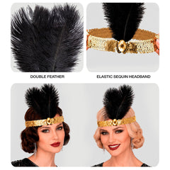 Bandeau Charleston Sequins Dorée Avec Plumes Noires / Serre tête charleston Or Luxe / La Maison du Déguisement