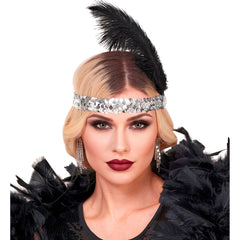 Bandeau Charleston Sequins Argent Avec Plumes Noires / Serre tête charleston Argent Luxe / La Maison du Déguisement