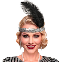 Bandeau Charleston Sequins Argent Avec Plumes Noires / Serre tête charleston Argent Luxe / La Maison du Déguisement