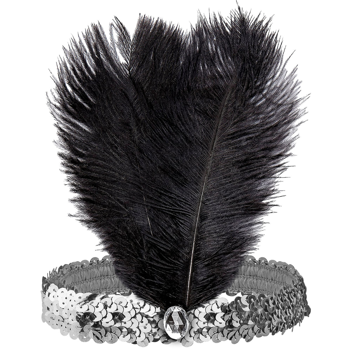 Bandeau Charleston Sequins Argent Avec Plumes Noires / Serre tête charleston Argent Luxe / La Maison du Déguisement