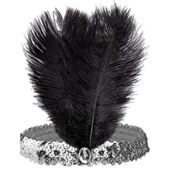 Bandeau Charleston Sequins Argent Avec Plumes Noires / Serre tête charleston Argent Luxe / La Maison du Déguisement
