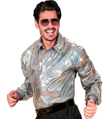 Location Chemise Disco Holographique Argent Adulte / Location Chemise The 70s Disco Style Argent / La Maison du Déguisement