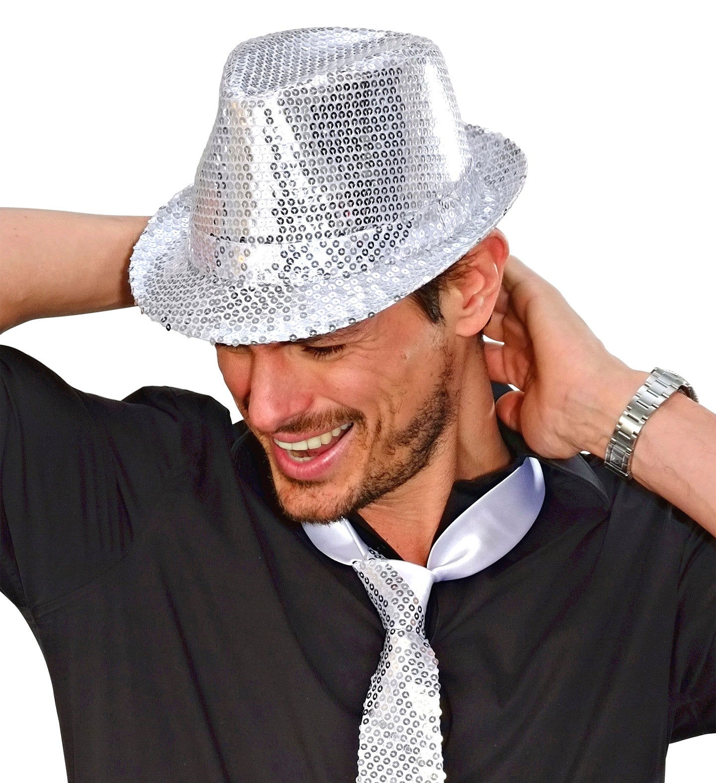 Chapeau Borsalino Sequins Argent / Chapeau Popstar Sequins Argent / La Maison du Déguisement