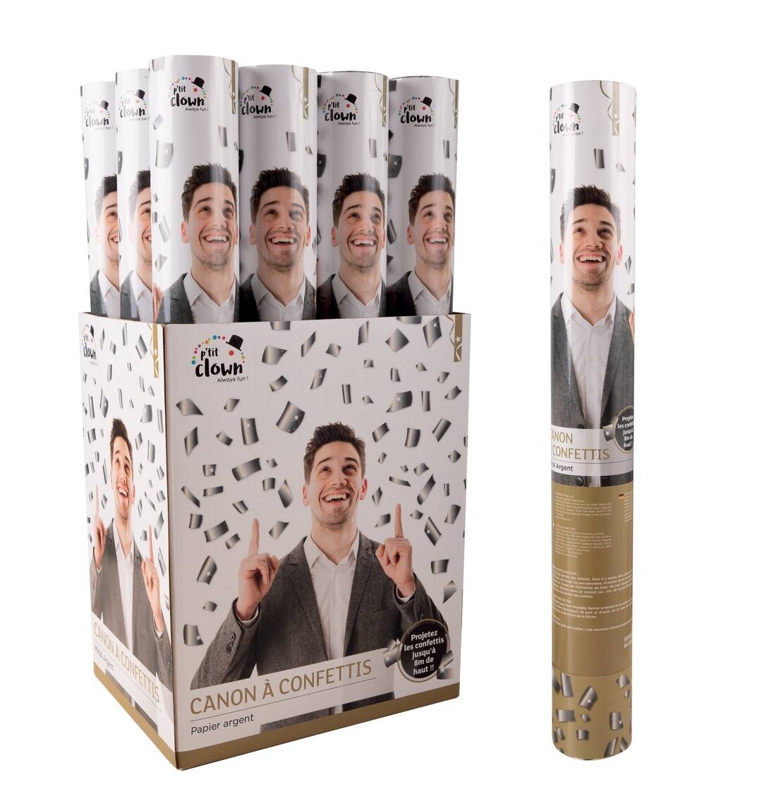 Canon confettis métal Argent 40 cm / Canon à confettis papier Argent 40 cm / La Maison Du Déguisement