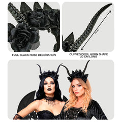 Serre Tête De Cornes et Roses Noir / Cornes de Démon Noir / Couronne Gothique Halloween Cornes et Roses Noir / La Maison Du Déguisement