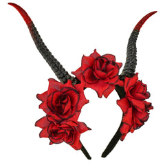 Serre Tête De Cornes et Roses Rouge / Cornes de Démon Rouge / Couronne Gothique Halloween Cornes et Roses Rouge / La Maison Du Déguisement