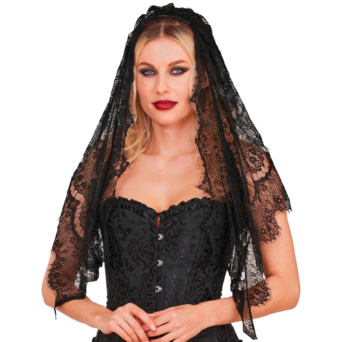 Voile de Mariée Gothique Dentelle Élégant Noir / Serre Tête Voile De Mariée Halloween Sombre Noir / La Maison Du Déguisement