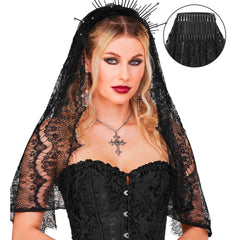 Voile de Mariée Gothique Dentelle Élégant Noir / Serre Tête Voile De Mariée Halloween Sombre Noir / La Maison Du Déguisement