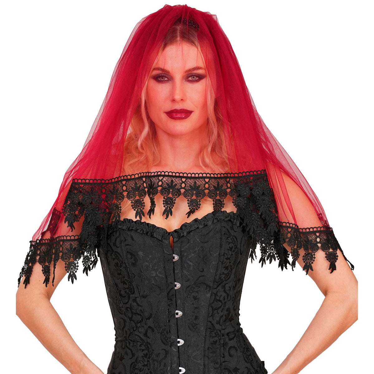 Voile de Mariée Gothique Dentelle Élégant Rouge / Serre Tête Voile De Mariée Halloween Sombre Rouge / La Maison Du Déguisement