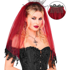 Voile de Mariée Gothique Dentelle Élégant Rouge / Serre Tête Voile De Mariée Halloween Sombre Rouge / La Maison Du Déguisement