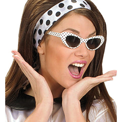 Lunettes Blanches Années 50 Rock'n'Roll à Pois Noir / Lunettes Sandy, Années 60 à Pois / La Maison Du Déguisement