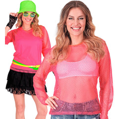 T-shirt Filet Fluo Rose / Top filet Fluo Années 80 Rose / Chemise Filet 80s fluo Rose / La Maison Du Déguisement