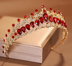 Diadème Royal Lady Métal Or et Rouge / Diadème élégant en strass / Couronne De Reine Métal Doré et Rouge / La Maison Du Déguisement