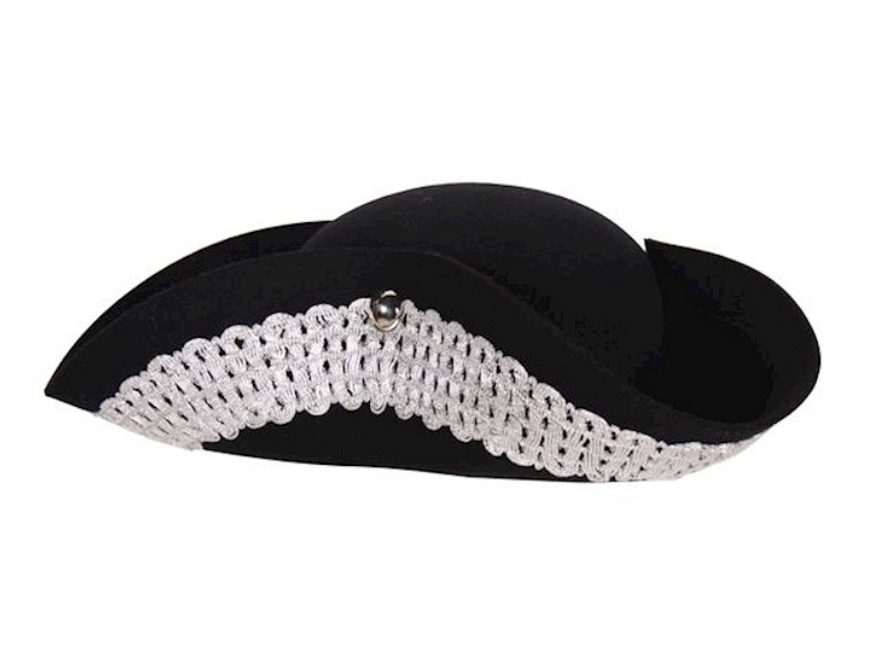 Location Chapeau Tricorne Marquis Versailles Noir et Argent Adulte / Location Chapeau Pirate des Caraïbes avec Large Ruban Noie et Argent / La Maison Du Déguisement