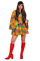 Location Déguisement Robe Hippie Chic Orange Adulte / Location Costume Robe Disco Année 70s Femme / La Maison Du Déguisement