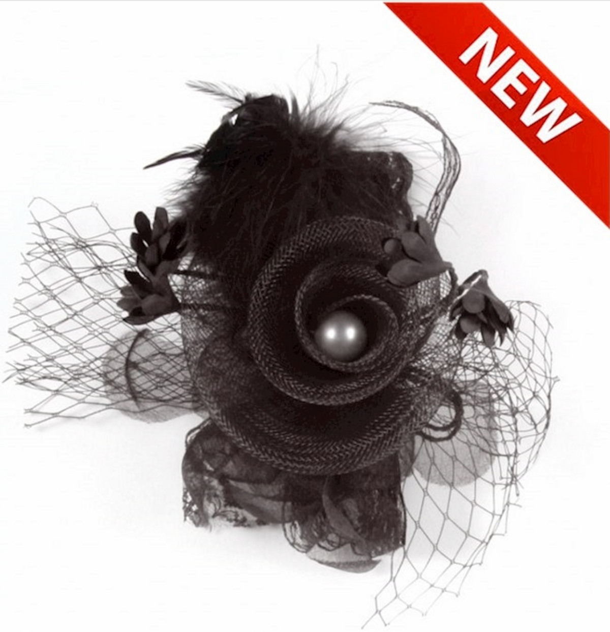 Coiffe Bibi Flowers en plumes Dentelle Noir / Broche fleurie avec Perle / Décoration Fleur avec perles Noir / La Maison Du Déguisement
