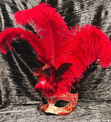Loup Vénitien Rouge et Or à plumes / Masque venise Rouge et Doré à plumes / La maison Du Déguisement