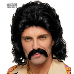 Perruque Disco Année 70s Noir avec moustache / Perruque Disco Année 80s Noir avec moustache / La Maison Du Déguisement