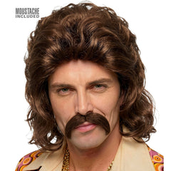 Perruque Disco Année 70s Brune avec moustache / Perruque Disco Année 80s châtain avec moustache / La Maison Du Déguisement