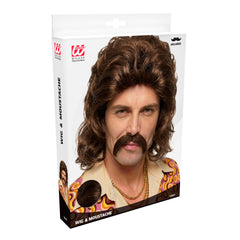 Perruque Disco Année 70s Brune avec moustache / Perruque Disco Année 80s châtain avec moustache / La Maison Du Déguisement