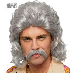 Perruque Disco Année 70s Gris avec Moustache / Perruque Disco Année 80s Gris avec moustache / La Maison Du Déguisement