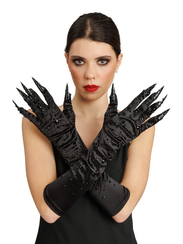 Gants Diablesse Diamants Noir Avec Griffe / Gants Gothique Halloween Diamonds Avec Ongles Noirs / Gants Catwoman Noir Luxe / La Maison Du Déguisement