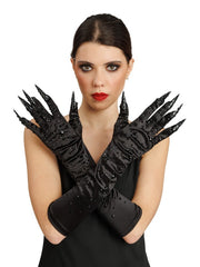 Gants Diablesse Diamants Noir Avec Griffe / Gants Gothique Halloween Diamonds Avec Ongles Noirs / Gants Catwoman Noir Luxe / La Maison Du Déguisement
