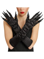 Gants Diablesse Diamants Noir Avec Griffe / Gants Gothique Halloween Diamonds Avec Ongles Noirs / Gants Catwoman Noir Luxe / La Maison Du Déguisement